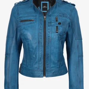 Women's Blue Biker Leather Jacket