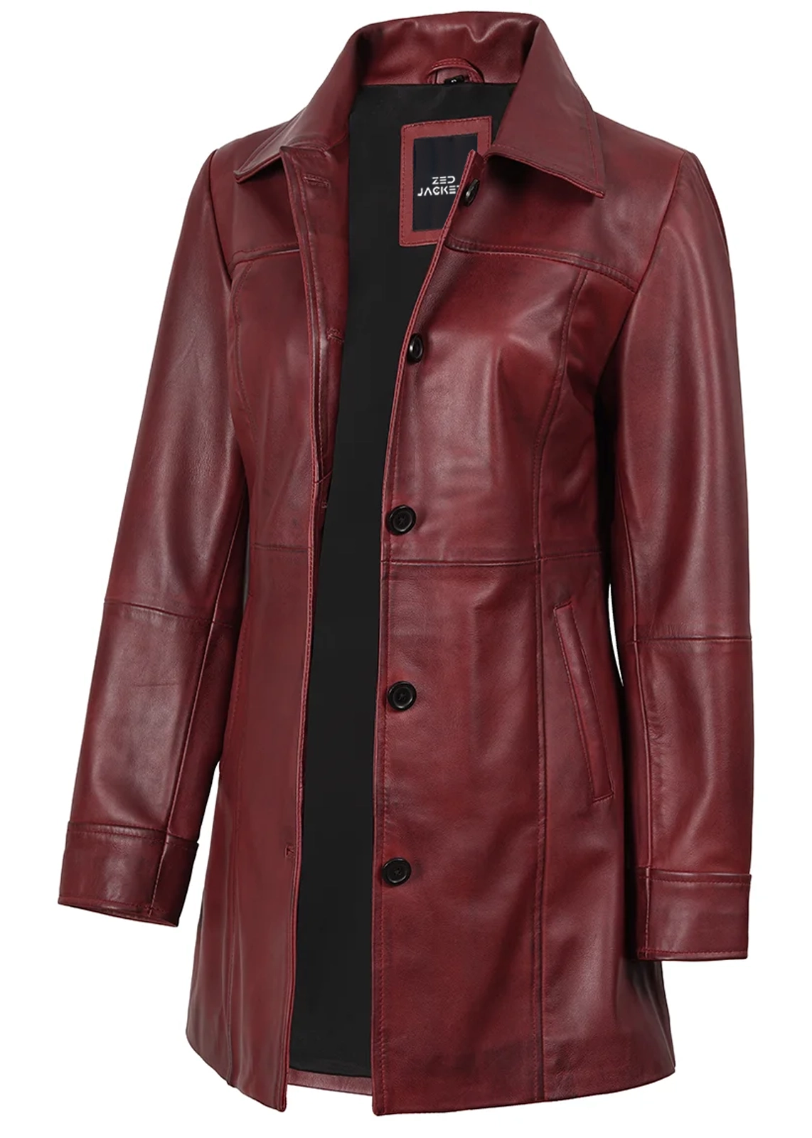 Women's Burgundy Leather Long Coat - Image 3