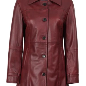 Women's Burgundy Leather Long Coat
