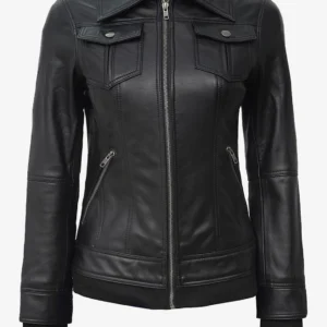 Women's Black Bomber Hooded Leather Jacket