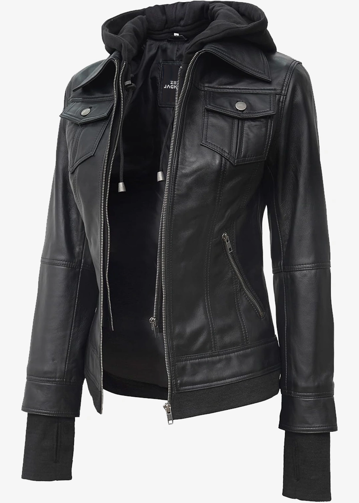 Women’s Black Bomber Hooded Leather Jacket