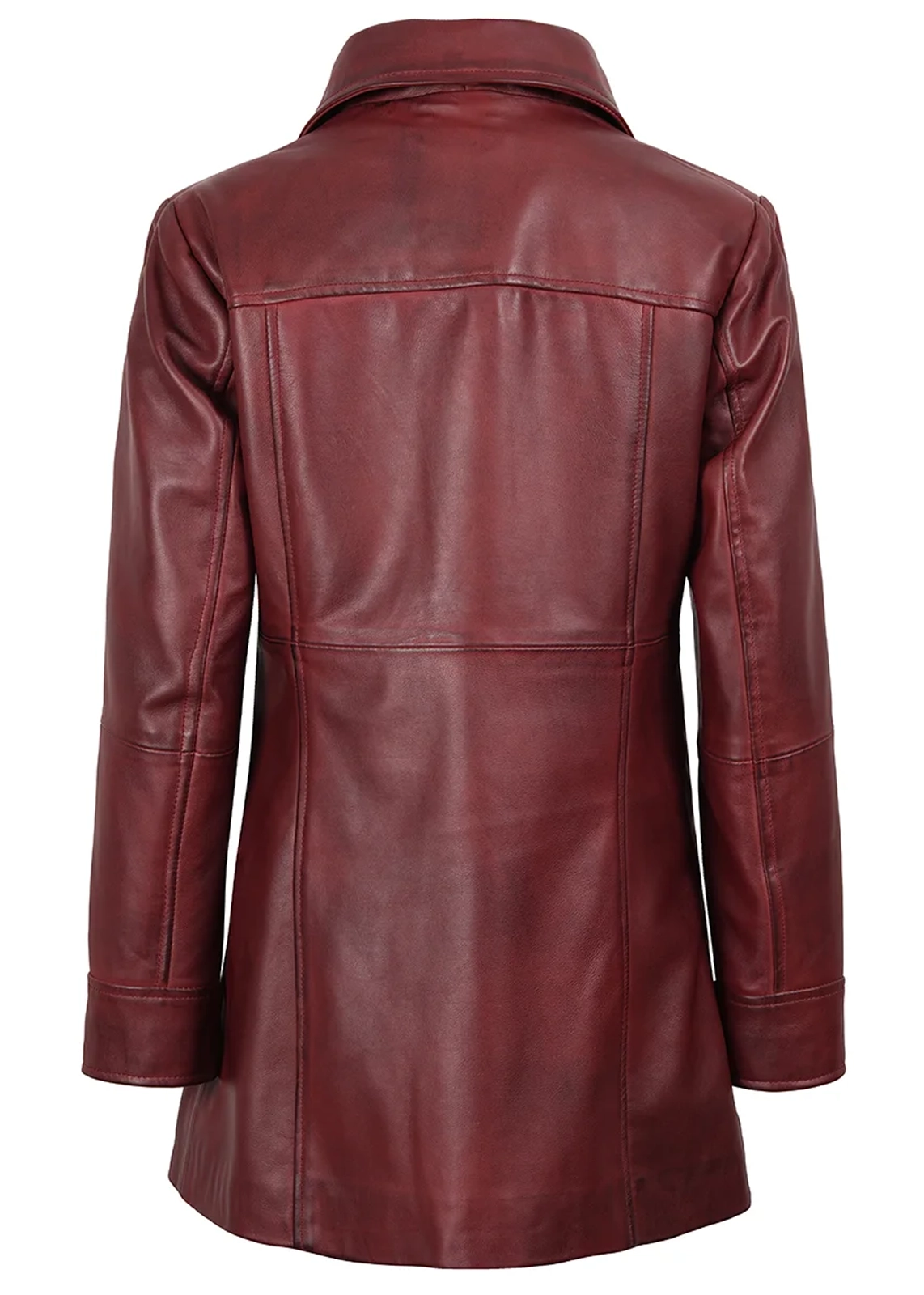 Women's Burgundy Leather Long Coat - Image 4