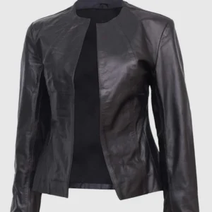 Women’s Black Collarless Leather Jacket