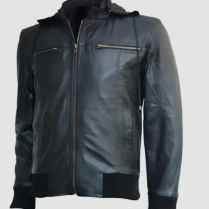 Black Leather Hooded Biker Jacket