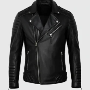 Quilted Black Leather Motorcycle Jacket For Men