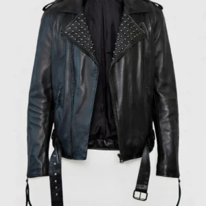 Black Studded Motorcycle Leather Jacket For Men