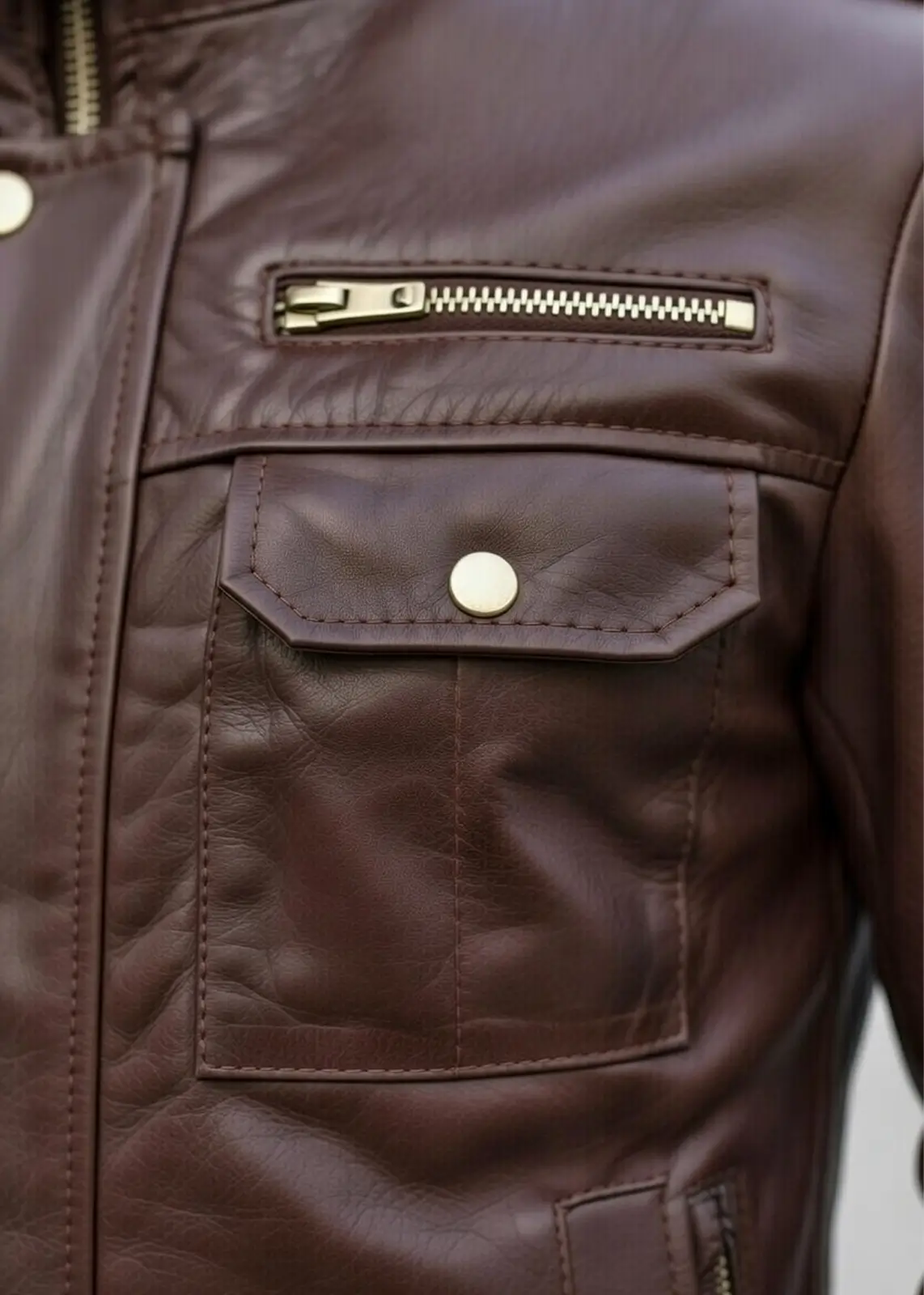 Versatile Brown High Collar Leather Jacket - Image 3