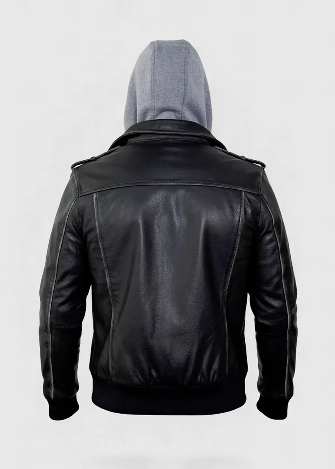 Men’s Gray Hooded Black Leather Jacket - Image 3