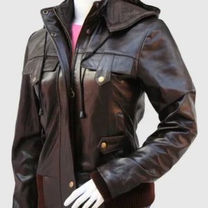 Women's Brown Leather Jacket With Detachable Hood