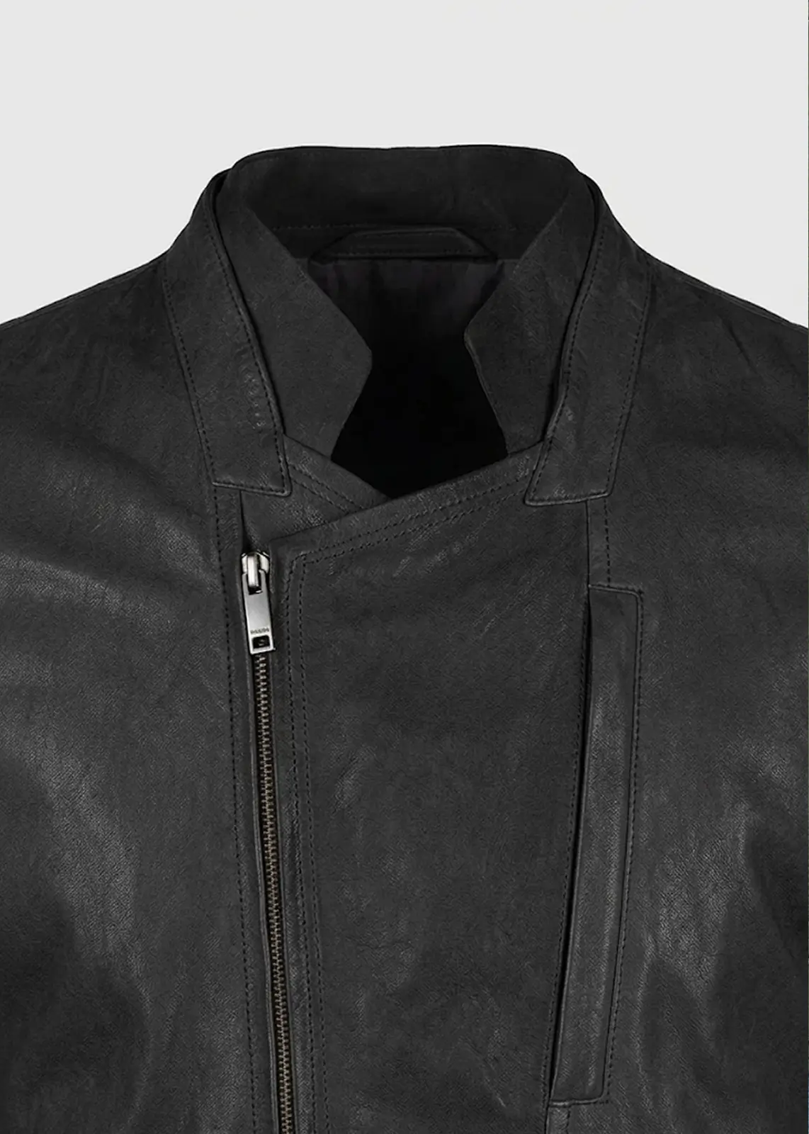 Men's Black Asymmetrical Leather Biker Jacket - Image 5