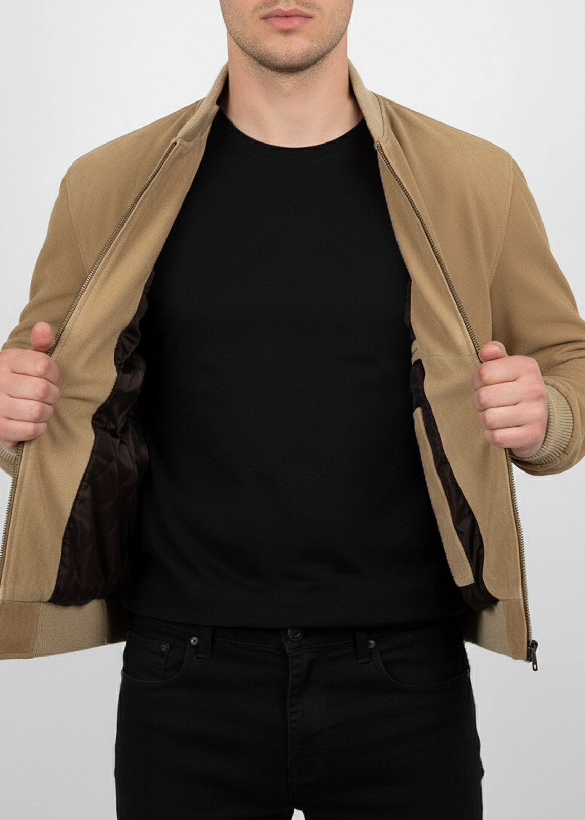 Men's Camel Brown Real Suede Bomber Jacket - Image 5