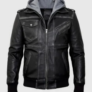 Men’s Gray Hooded Black Leather Jacket