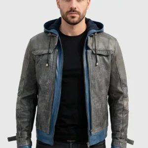 Blue Hoodie Nightwing Leather Jacket For Men