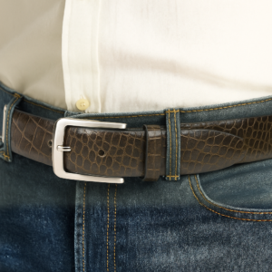Glossy Crocodile Pattern Leather Belt with Metal Buckle