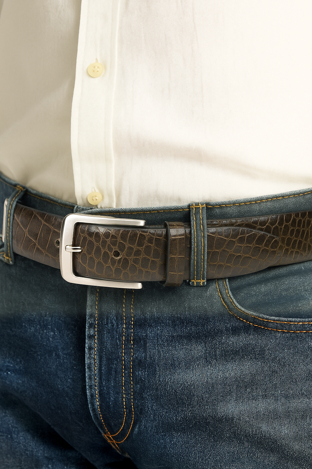 Glossy Crocodile Pattern Leather Belt with Metal Buckle