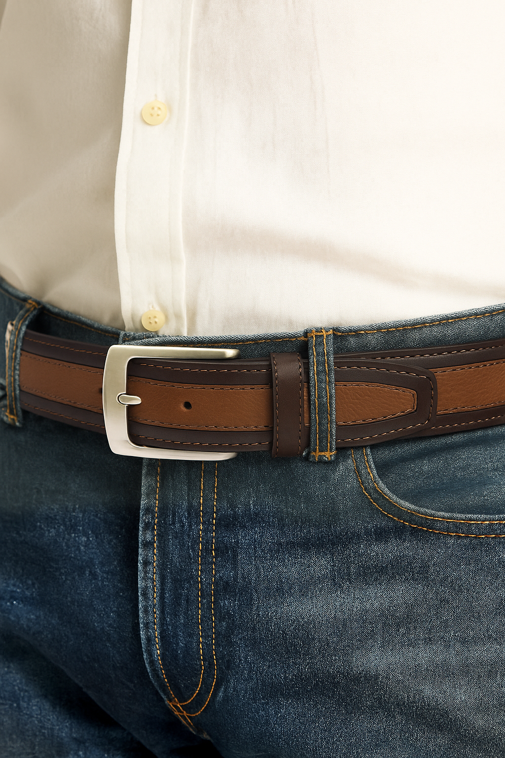 Three-Layer Full-Grain Leather Belt with Contrast Center