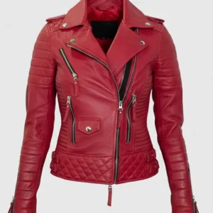 Red Women's Quilted Biker Leather Jacket