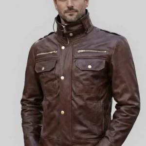 Versatile Brown High Collar Leather Jacket