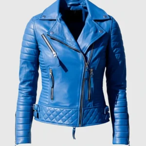 Moto Quilted Blue Leather Jacket for Women
