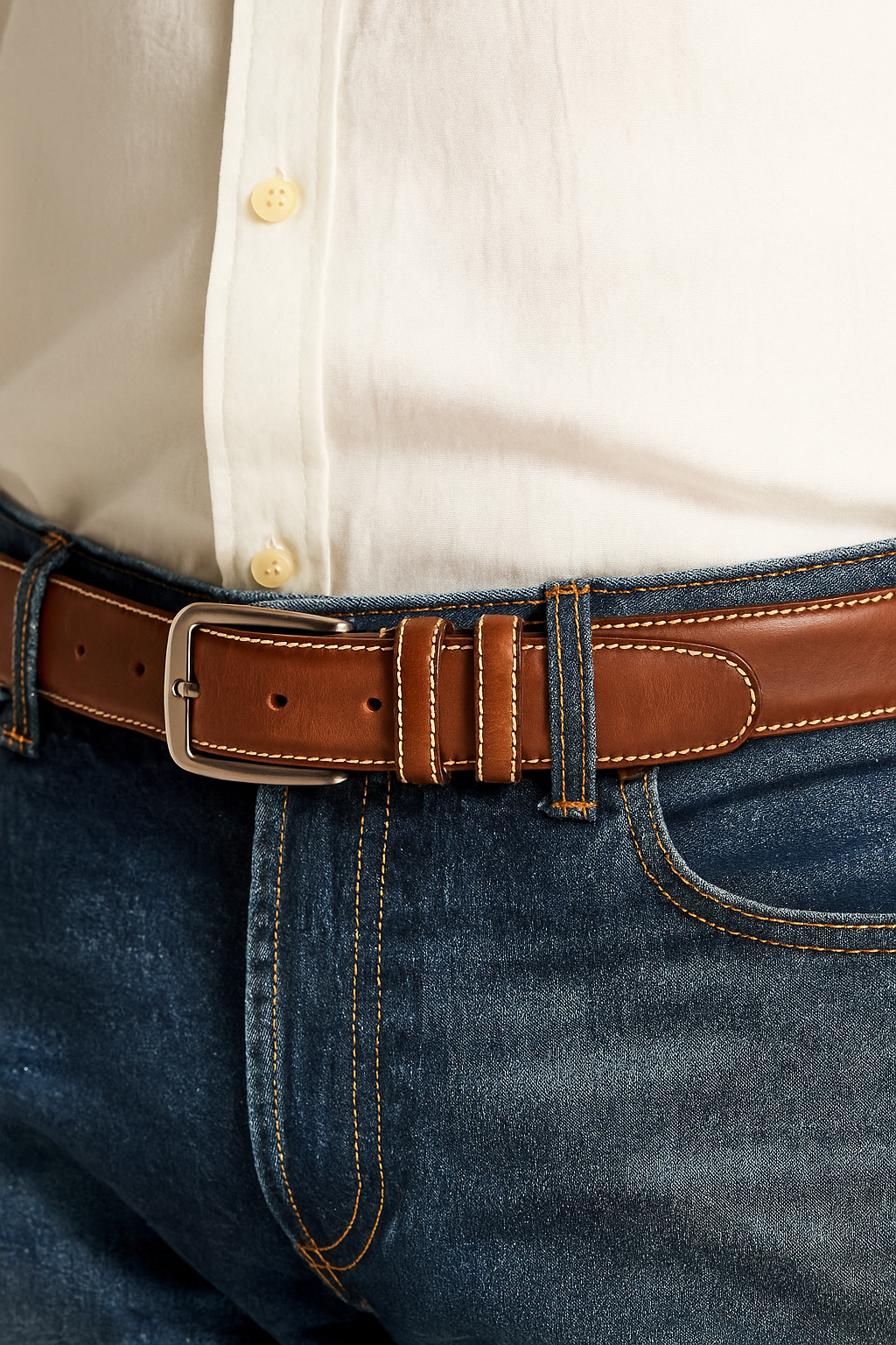 Full-Grain Leather Belt with Contrast Stitching