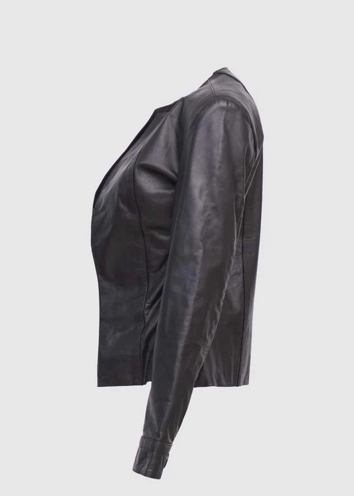 Women’s Black Collarless Leather Jacket - Image 4