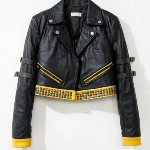 Black And Yellow Crop Leather Jacket for Women