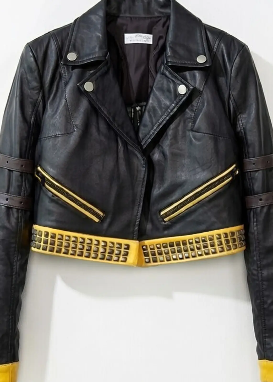 Black And Yellow Crop Leather Jacket for Women - Image 3