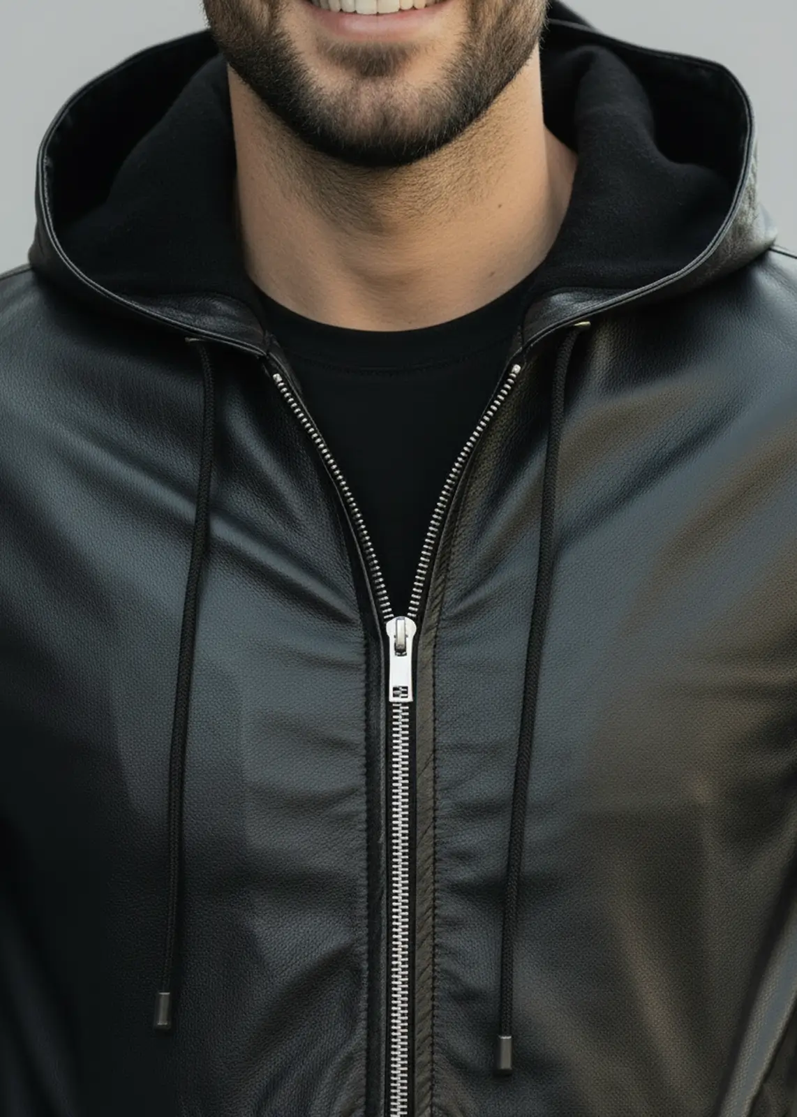 Men's Premium Black Leather Hoodie - Image 7