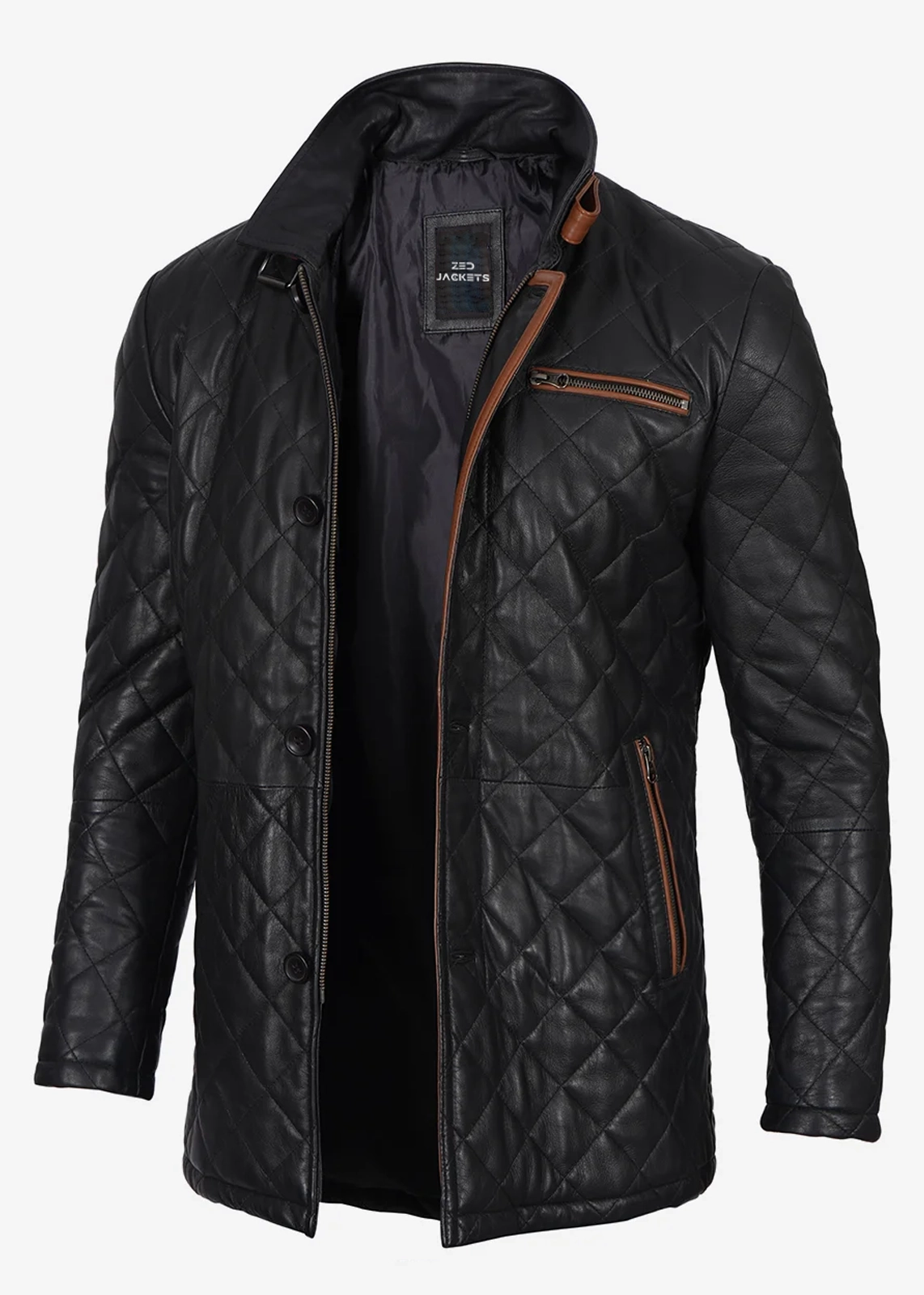 Black & Brown Diamond Quilted Leather Coat - Image 5