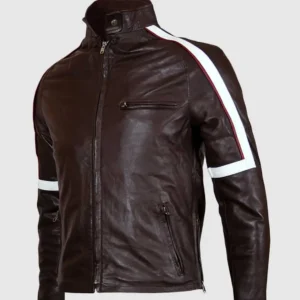 Brown Leather Jacket With White and Maroon Stripes