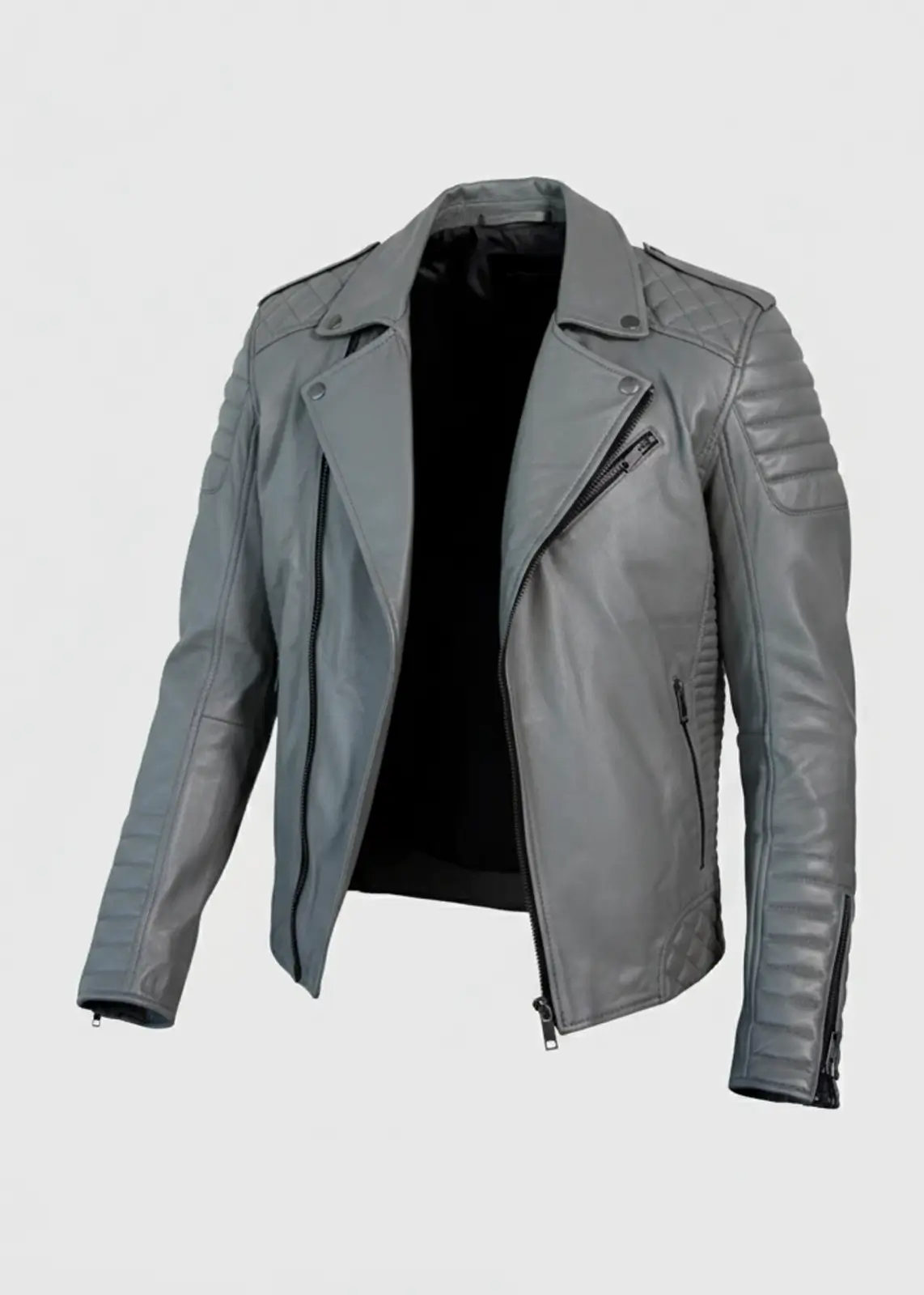 Men’s Gray Motorcycle Leather Jacket - Image 3