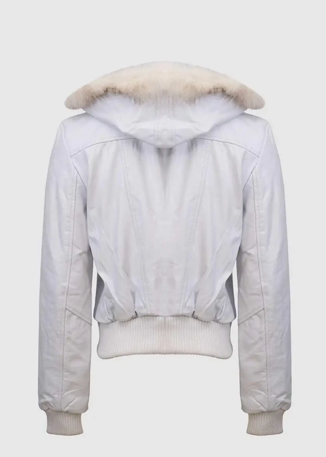 Women's White Fur Leather Bomber Jacket - Image 2