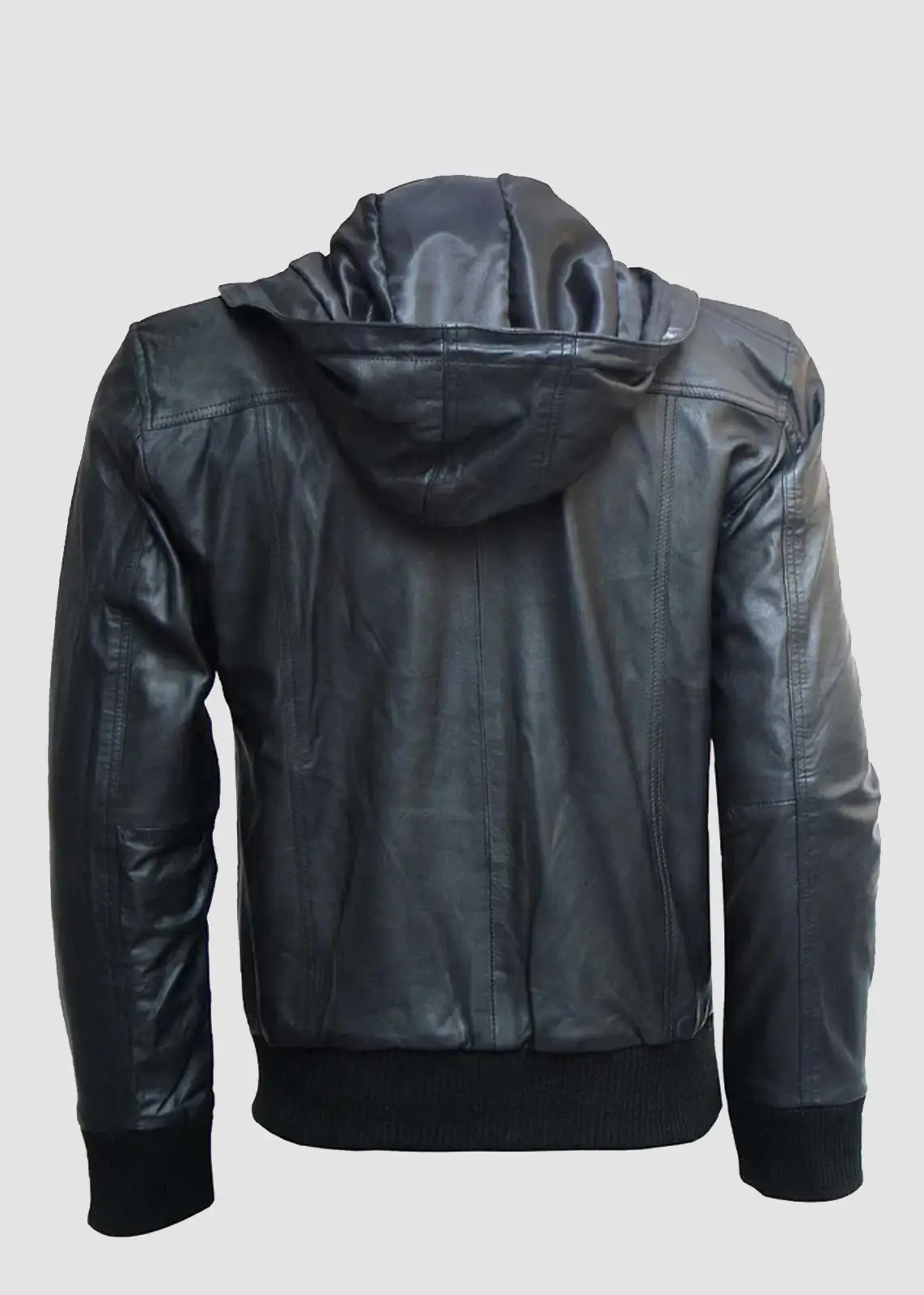 Black Leather Hooded Biker Jacket - Image 4