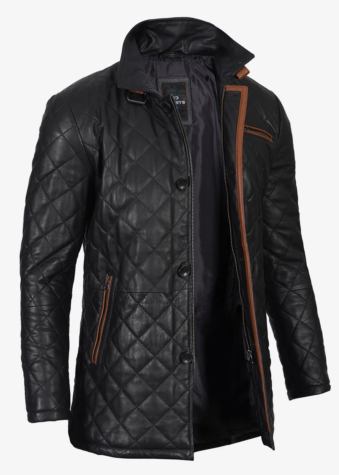 Black & Brown Diamond Quilted Leather Coat - Image 4
