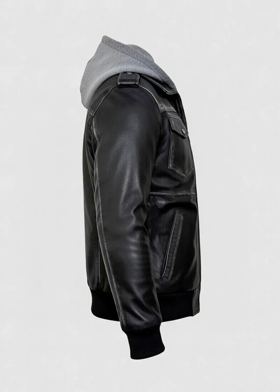 Men’s Gray Hooded Black Leather Jacket - Image 4