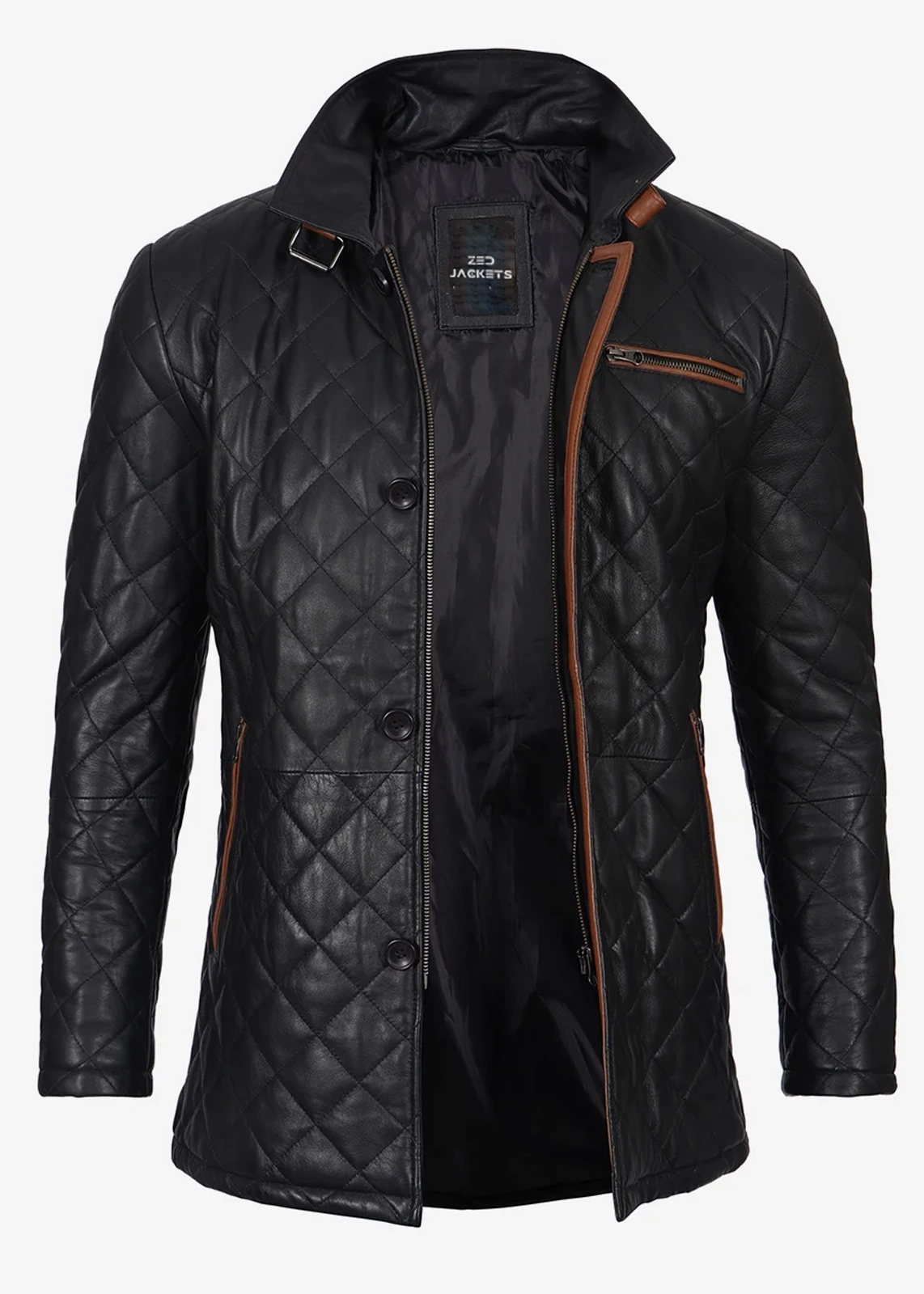 Black & Brown Diamond Quilted Leather Coat - Image 3