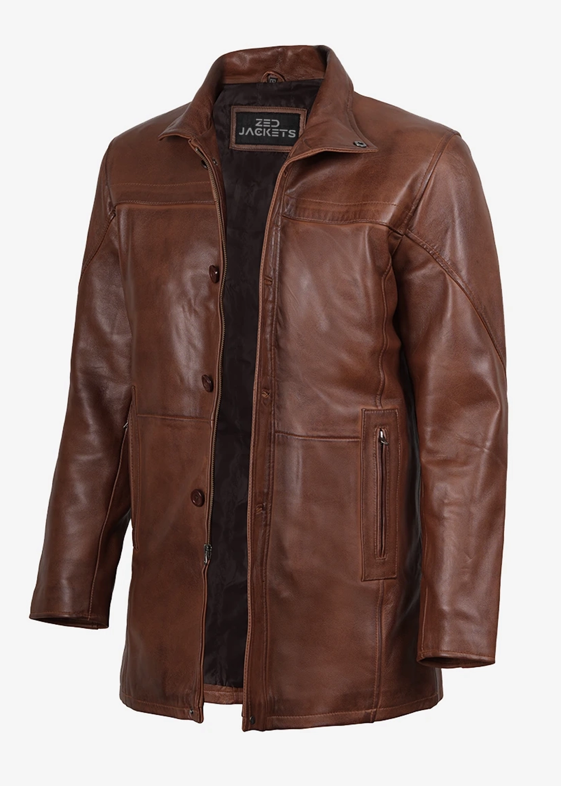 Men’s Brown Leather Cognac Coat - Image 3