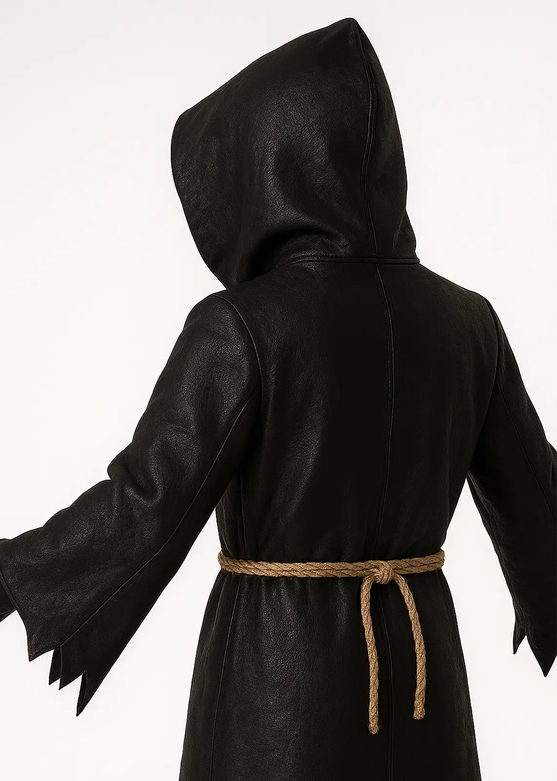 Dark Hooded Black Leather Trench Costume - Image 5