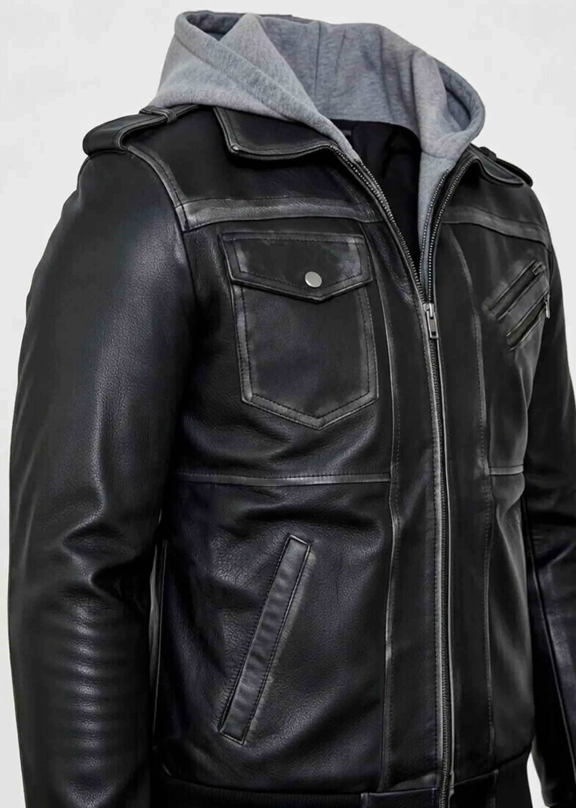 Men’s Gray Hooded Black Leather Jacket - Image 5