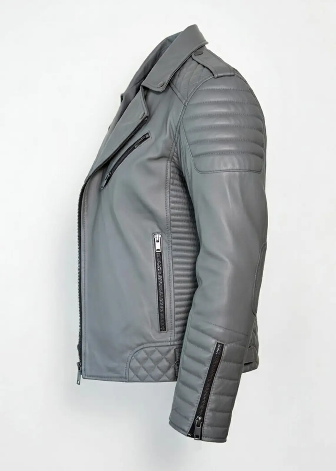 Men’s Gray Motorcycle Leather Jacket - Image 4