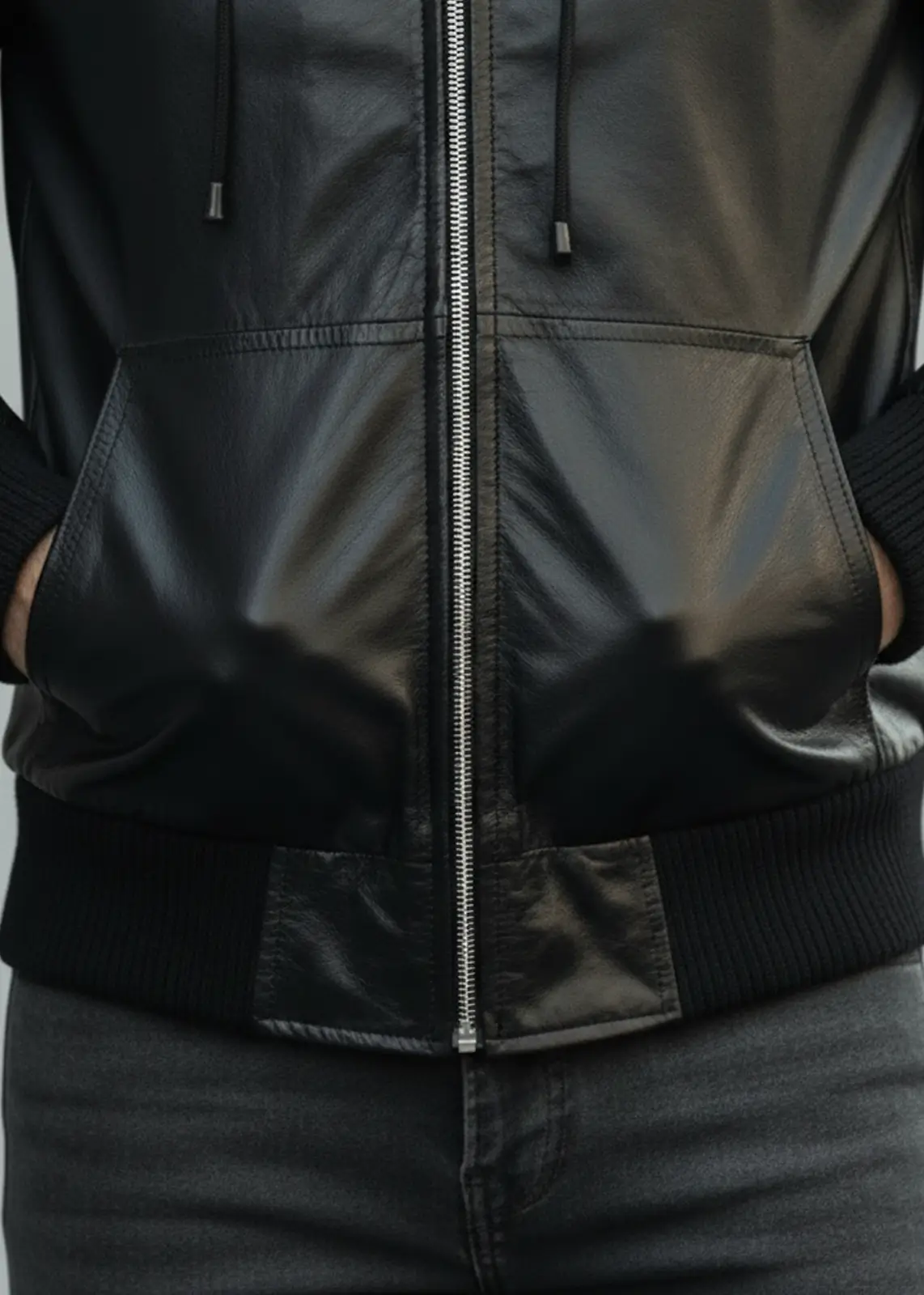 Men's Premium Black Leather Hoodie - Image 3