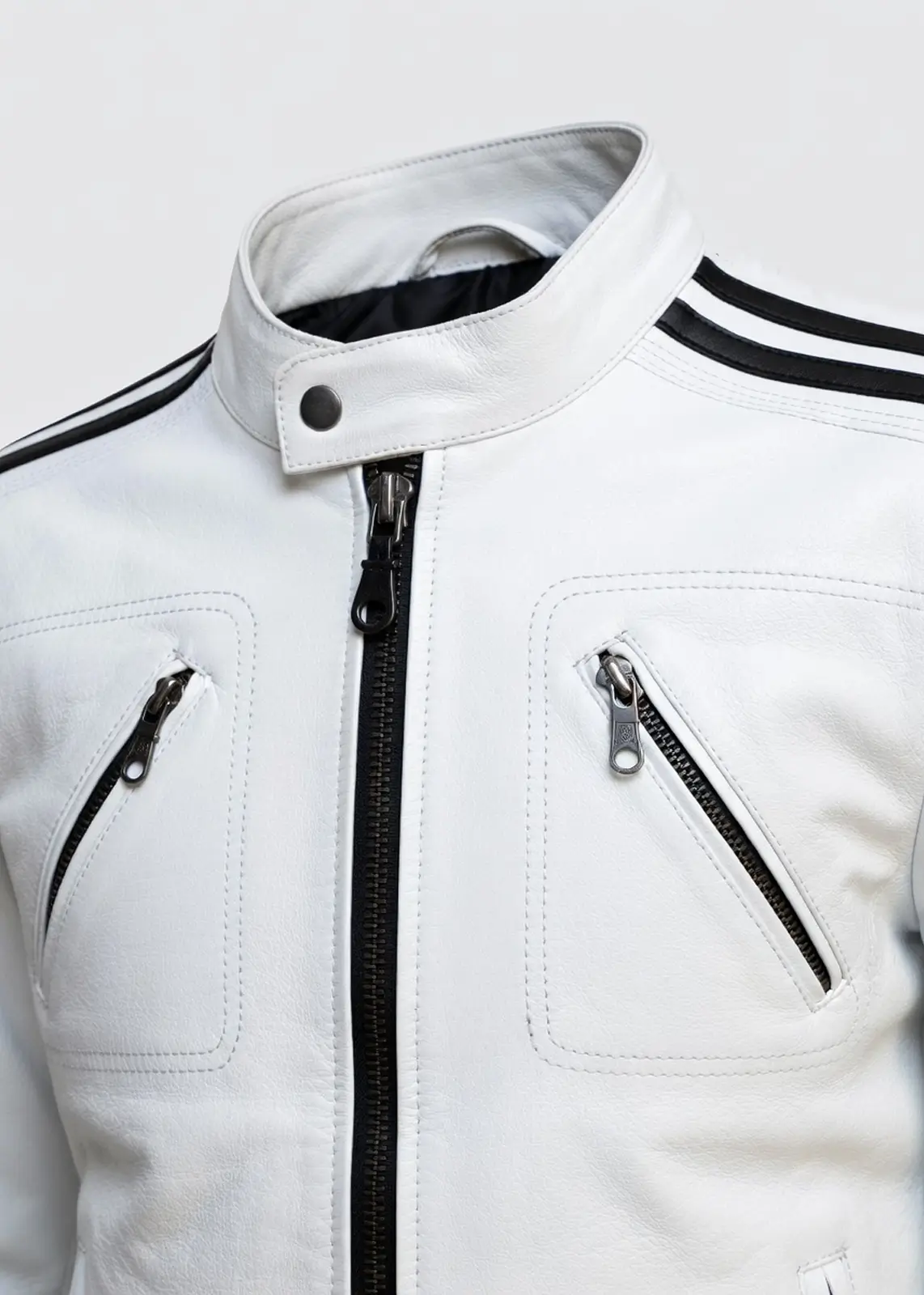 Men’s Off White Leather Jacket - Image 3