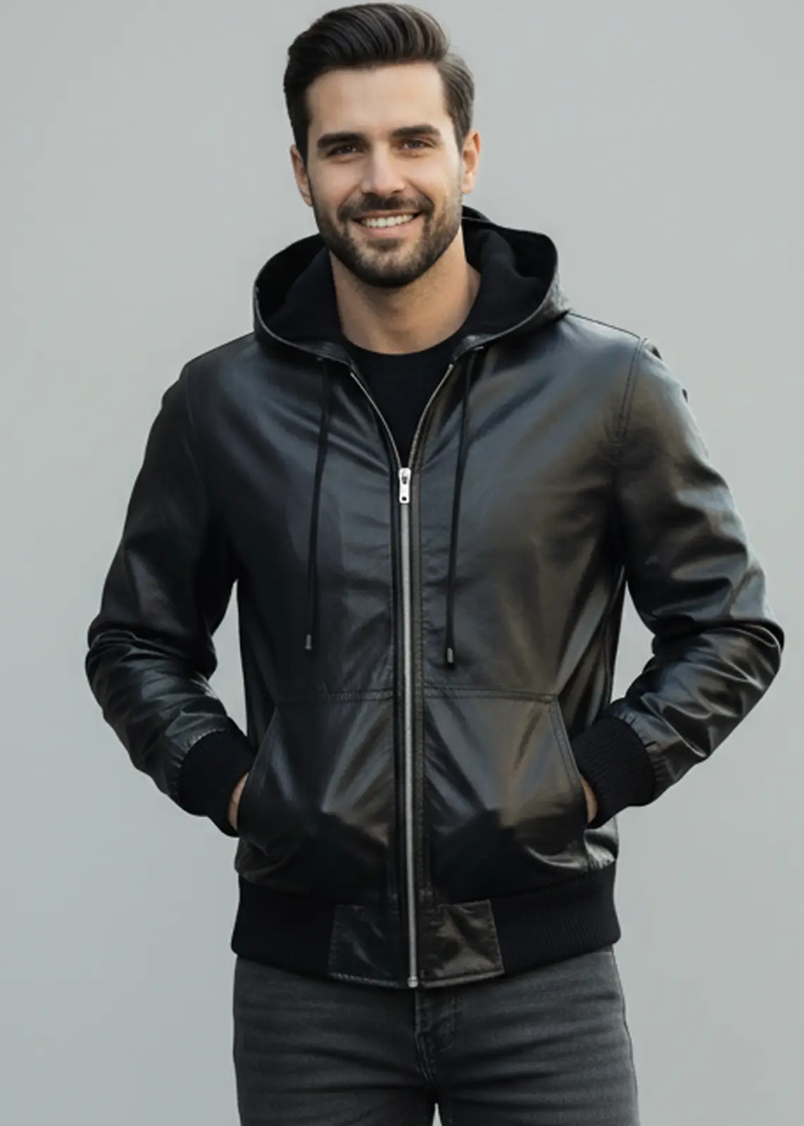 Men's Premium Black Leather Hoodie - Image 4