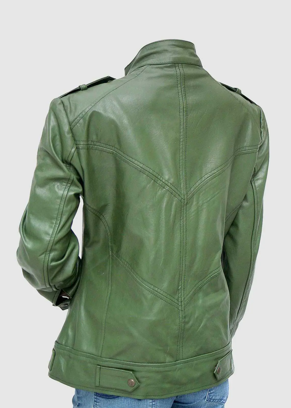 Women’s Olive Green Leather Biker Jacket - Image 3