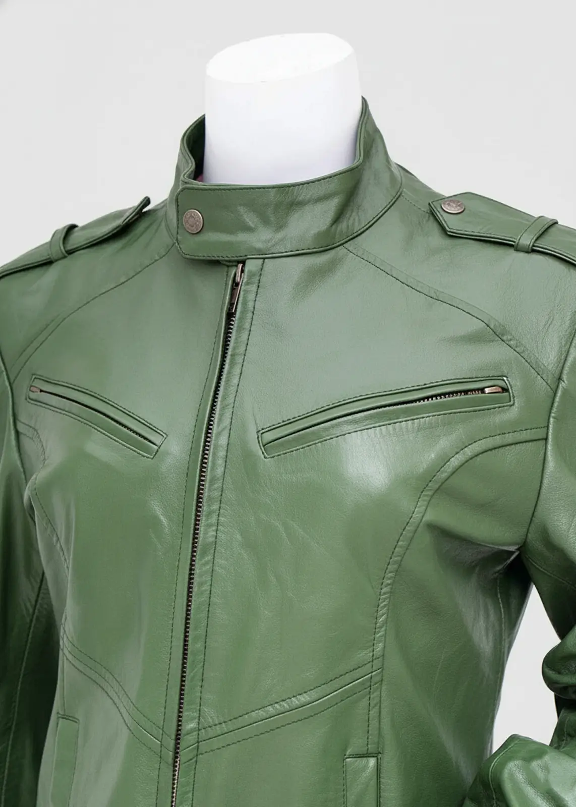 Women’s Olive Green Leather Biker Jacket - Image 4