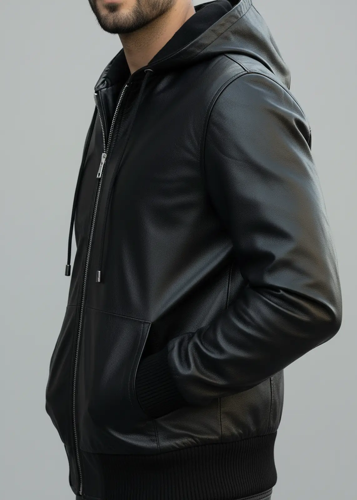Men's Premium Black Leather Hoodie - Image 5