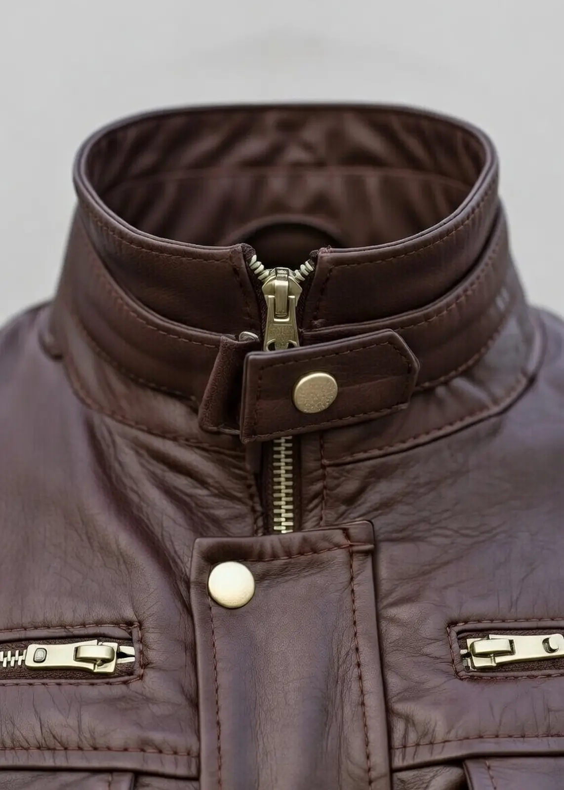 Versatile Brown High Collar Leather Jacket - Image 4