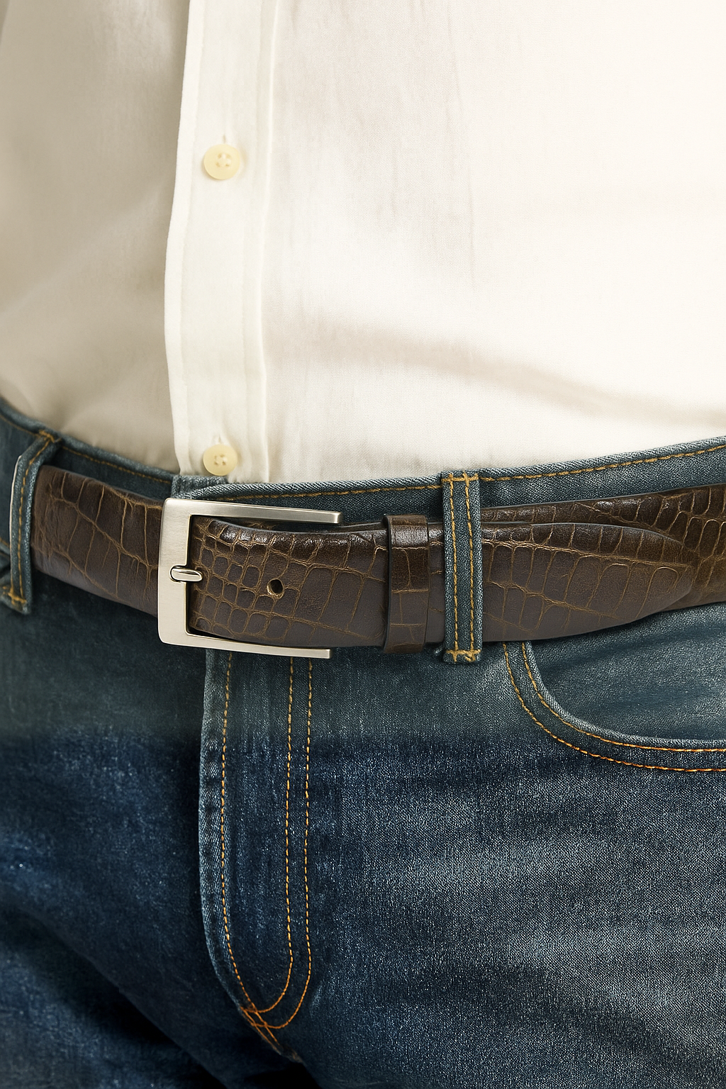 Glossy Python Pattern Leather Belt with Metal Buckle
