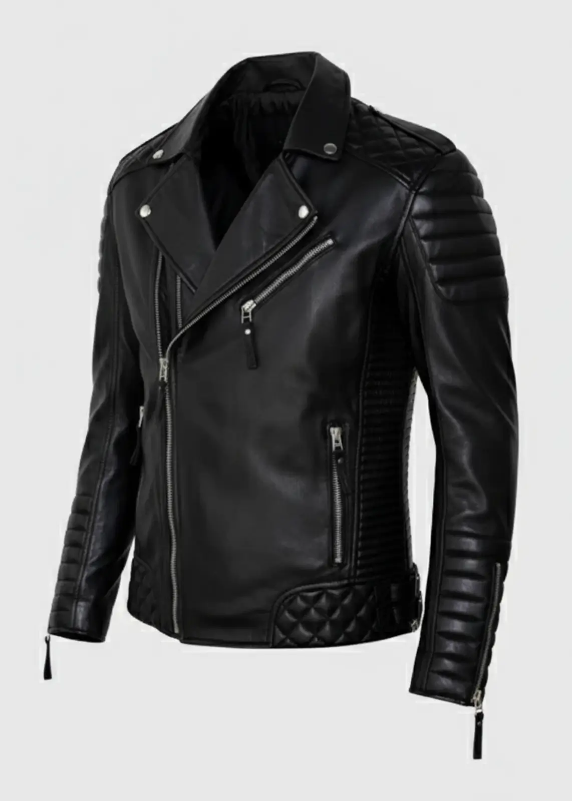 Quilted Black Leather Motorcycle Jacket For Men - Image 5
