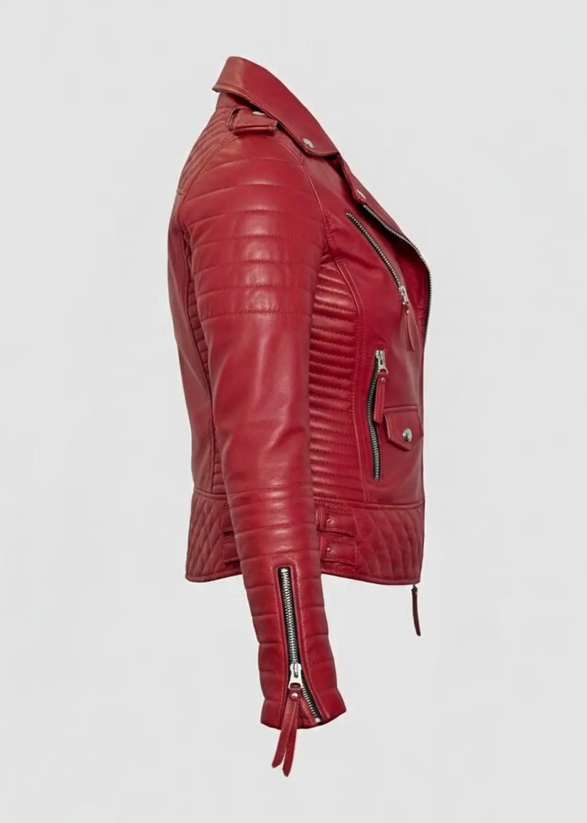 Red Women's Quilted Biker Leather Jacket - Image 3